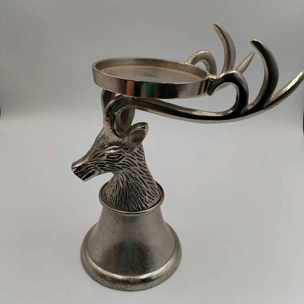 Silver Stag Head Pillar Candle Holder Metal‎ Antler Pedestal Lodge Christmas 9